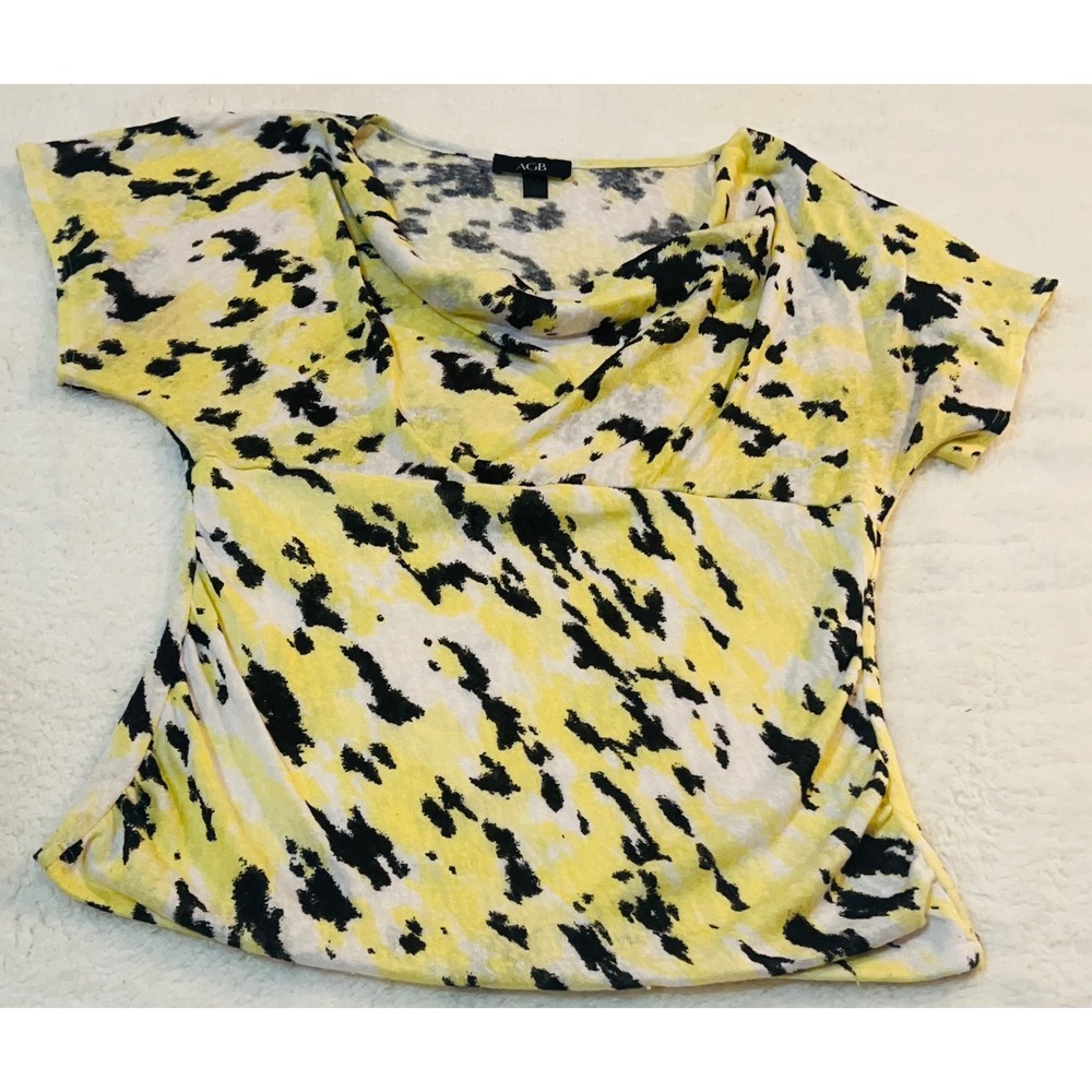 AGB Womens XL Yellow Black Abstract Animal Print Cowl Neck Short Sleeve Knit Top